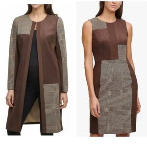 Calvin Klein Jacket Dress Women 12 10 Faux Suede Mixed Media Overcoat Plaid